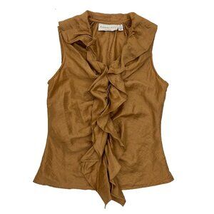Barbara Katz Boca Raton Linen Blend Ruffle Corset Blouse Brown Top Womens 8 / M
